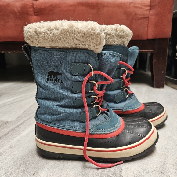 Sorel Carnival Teal Red Waterproof Winter Snow Boots Size 6 - Picture 1 of 4
